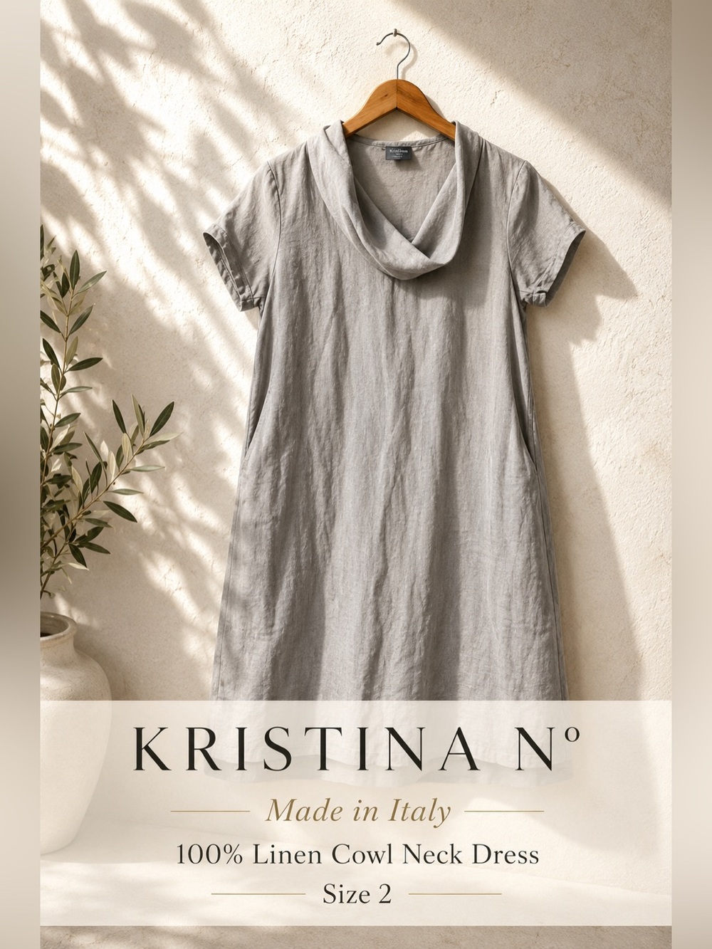 Kristina N° Made in Italy 100% Linen Cowl Neck Dress Gray Size 2